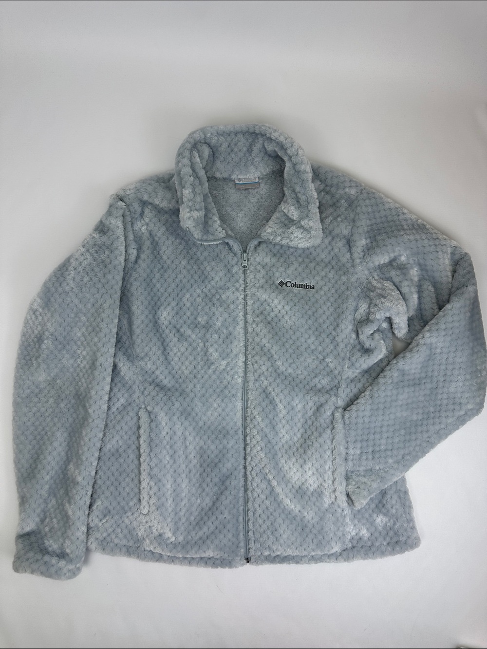 Columbia Light Blue Plush Zip-Up Fleece Jacket. Size LG. 4 Pockets.